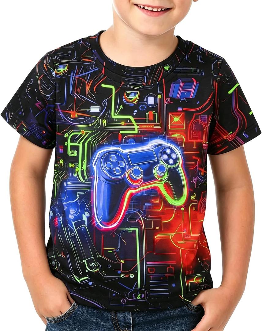 Boys Girls Neon Shirt Short Sleeve Crewneck T Shirts Cool 3D Graphic Print Neon Game Shirts Summer Tees Tops for Boys, 8-10 Years