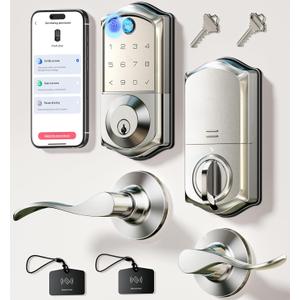 Veise VE017-L Fingerprint Smart Lock with 2 Lever Handles, Keyless Entry Front Door Lock Set, App Control, Electronic Digital Keypad Deadbolt, Easy Installation, Emergency Power Port, Satin Nickel