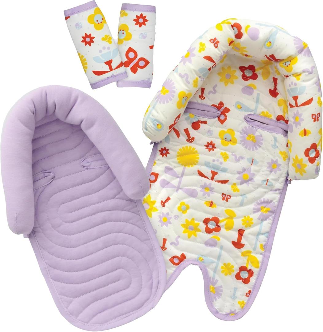 GoldBug Deluxe Duo Car Seat Head Support + Matching Strap Covers for Baby and Infant - Backyard Bugs