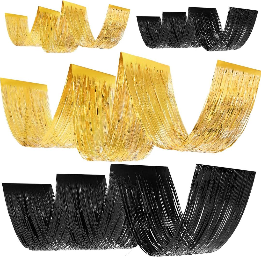 Breling 4 Pcs 15ft Metallic Foil Ceiling Fringe Curtains for Bachelorette Party Decorations, Fringe Ceiling Drapes for Wedding Engagement Bridal Shower Birthday Party Engagement Decor(Gold and Black)
