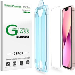 amFilm OneTouch Glass Screen Protector Compatible with iPhone 13 Mini 5.4" 2021 with Easy Installation Kit, Full Coverage Case Friendly, Tempered Glass, 2 Pack