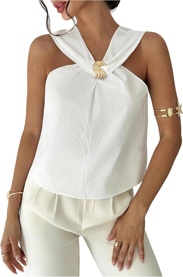 Milumia Women's Metal Decor V Neck Sleeveless Blouse Elegant Backless Casual Work Shirts (White, S)