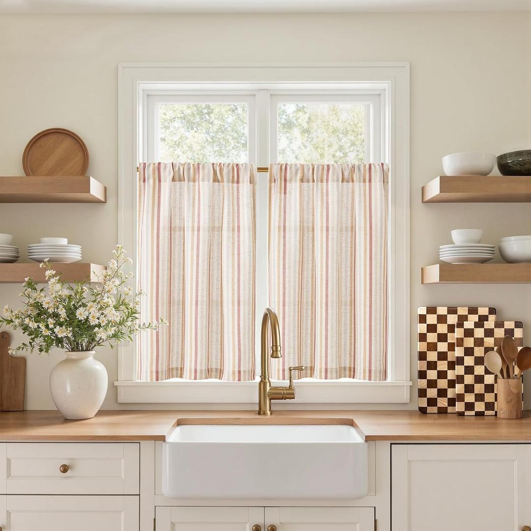 jinchan Colorful Striped Linen Kitchen Curtains 36 Inch Tier Curtains Farmhouse Modern Cafe Small Window Treatments Light Filtering Rod Pocket for Living Room Bathroom 2 Panels Multi Red