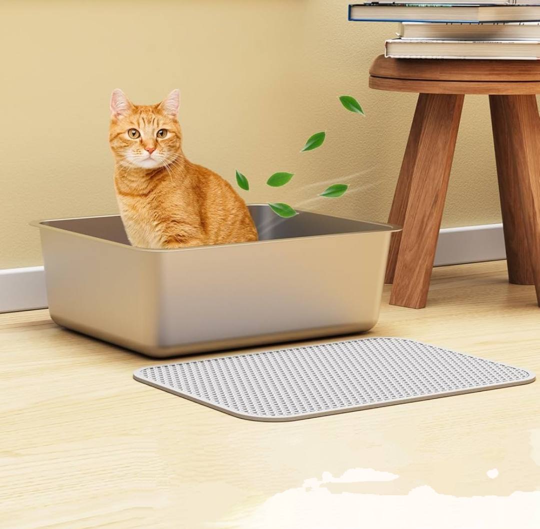 UWANGPET Stainless Steel Cat Litter Box,Odour Proof Litter Pan, Non-Stick, Easy to Clean, Rust Resistant, Non-Slip Rubber Feet