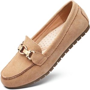 Loafers for Women Business Casual Shoes Comfortable & Lightweight Penny Loafers Slip On Work Flats (5.5, Beige Suede)