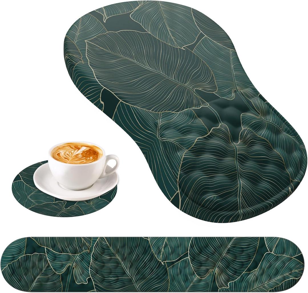 HAOCOO Ergonomic Mouse Pad with Wrist Rest and Keyboard Wrist Rest, 3 PCS Computer Carpal Tunnel Mouse Pads Set for Desk with Coaster, Memory Foam Mousepad Support for Office Laptop, Green Palm Leaves