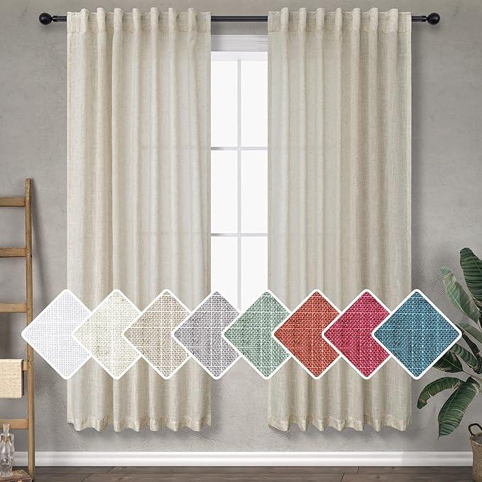 Tan Beige Linen Curtains 68 Inches Long for Bedroom Back Tab Loop Pocket Semi Sheer Light Reducing Modern Farmhouse Cottage Core Decor Neutral Gauze Curtain for Living Room Sitting Family 2 Panel Sets