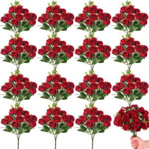 Zeyune 16 Bunches 12 Inch Artificial Mini Rose Bouquet 160 Heads Bridal Flower Bouquets Fake Silk Rose Bulk for Valentine's Day Wedding Bridal Shower Home Office Garden(Red)