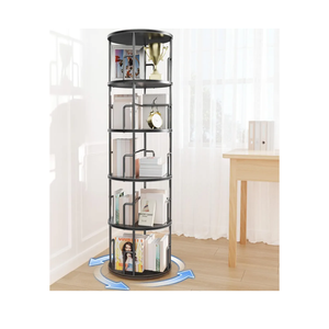 5 Tier Rotating Bookshelf Tower Round Black,62”Tall Standing Spinning Bookshelf Tower Anti-Tipping Design,Metal & Wood Revolving Bookcase Stackable Space Saving for Small Spaces,Study,Living Room