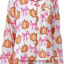 Women's Halloween Pajamas Set Silk Satin Ghost Pumpkin Print Long Sleeve Button Down Shirt 2 Piece Pjs Shorts Sets, M