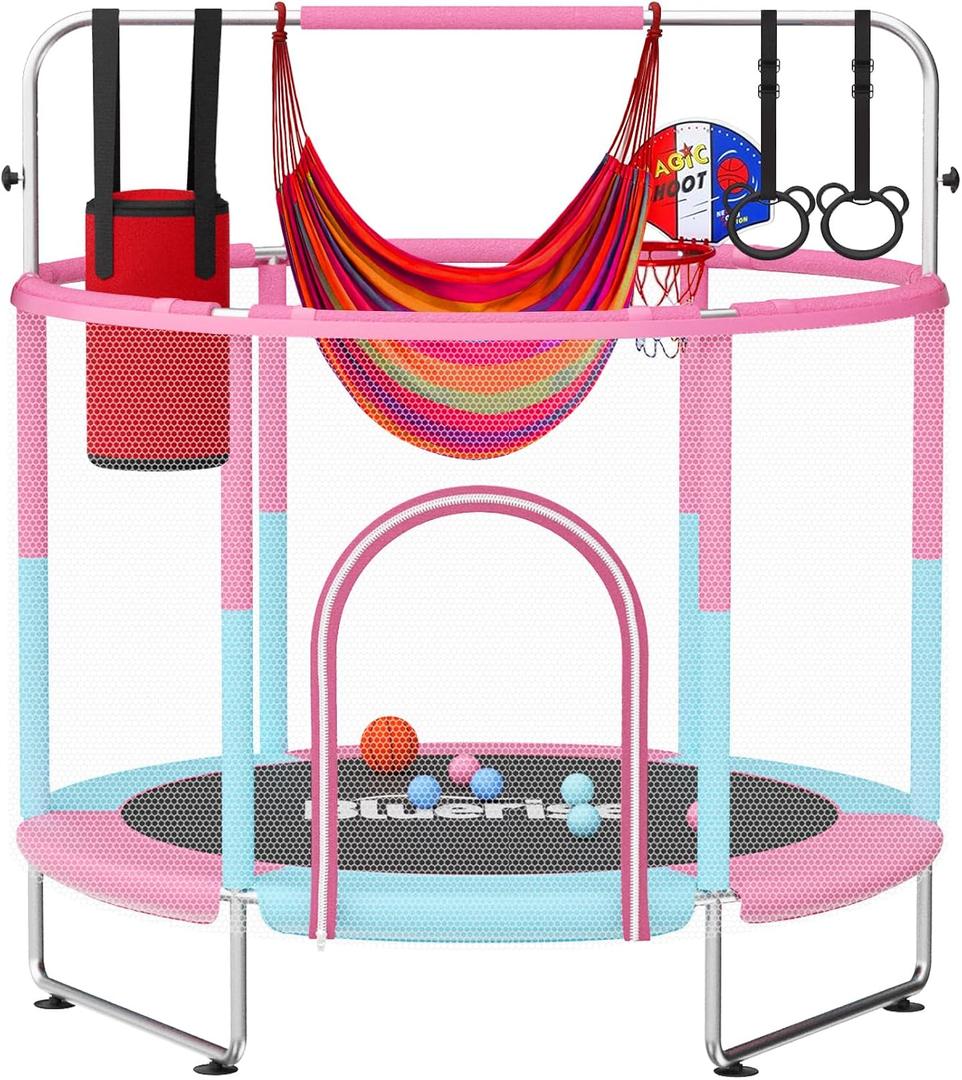 BLUERISE 55IN 6FT Toddler Trampoline for Kids Indoor Outdoor Play for Kids Trampoline Basketball Hoop Attachment with Enclosure Net Easy to Assemble