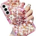 Changjia for Samsung Galaxy S25 Glitter Case with Ring Holder,Cute Luxury 3D Crown Bling Sparkle Crystal Rhinestones Flowers Diamond Pearl Stunning Gemstones Women Girls Case for Galaxy S25 6.2",Pink