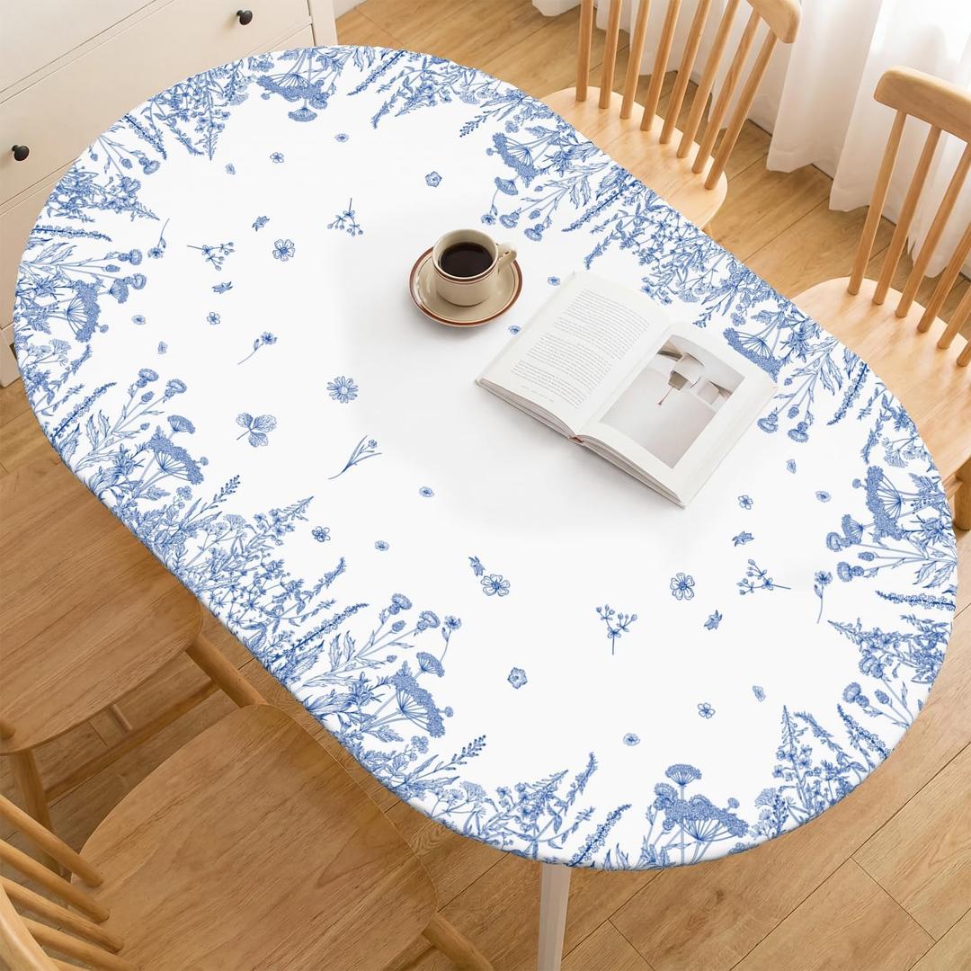 Horaldaily Spring Fitted Tablecloth 68 x 48 Inch Oval, Spring Wild Flowers Floral Blue Washable Table Cover Elastic Edged for Dinning, Picnic, Camping, Banquet
