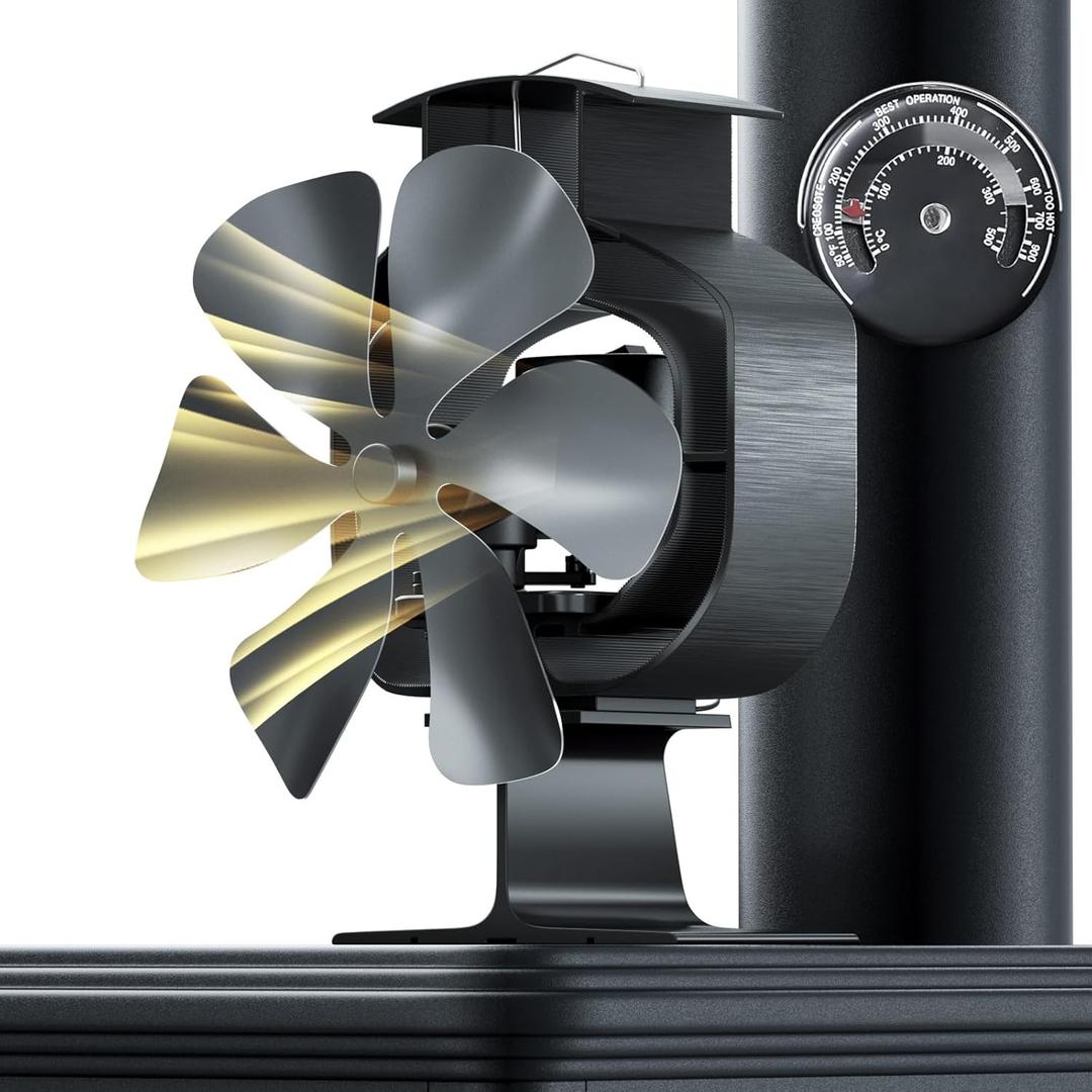 Oscillating Wood Stove Fan, Heat Powered 6 Blades Fan with Magnetic Thermometer, Wood Stove Accessories, Non Electric Fan for Wood/Log Burner Stove, Silent Stove Top Fans