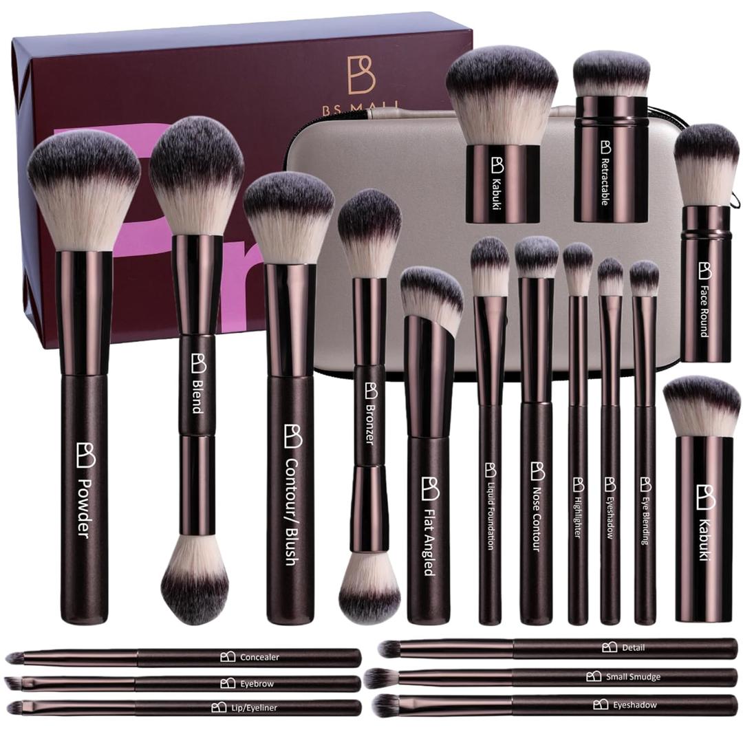 Professional Makeup Brushes BSMALL With Travel Case  Kabuki Brush Eyeshadow Brush, Concealer Brush, Blush Brush Bronzer & Foundation Brush 20 Pcs, Labeled Daily Use & Versatile Occasions Gift Box