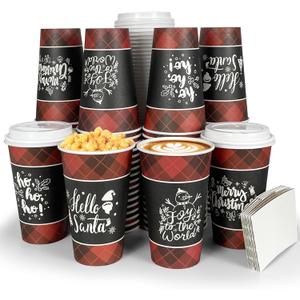 Disposable Coffee Cups with Lids for 48 Guests 16 oz, Christmas Buffalo Plaid Hot Cups for Coffee/Tea/Water/Juice, Xmas Premium Party Tableware Sets for Holiday, Winter, School, Family