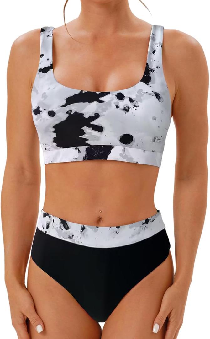 High Waisted Two Piece Swimsuits for Women Tummy Control Tankini Bathing Suits Sporty Printed Swimwear, Small, Black+white