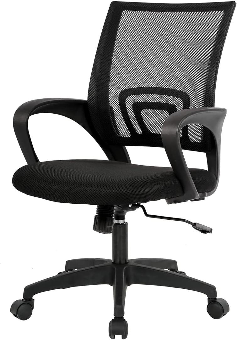 BestOffice | Ergonomic Office Chair | Mid-Back Swivel Desk Chair | Breathable Backrest & Lumbar Support | Adjustable Height | Sponge Seat | Rolling Wheels | Dark Black | for Adults & Women