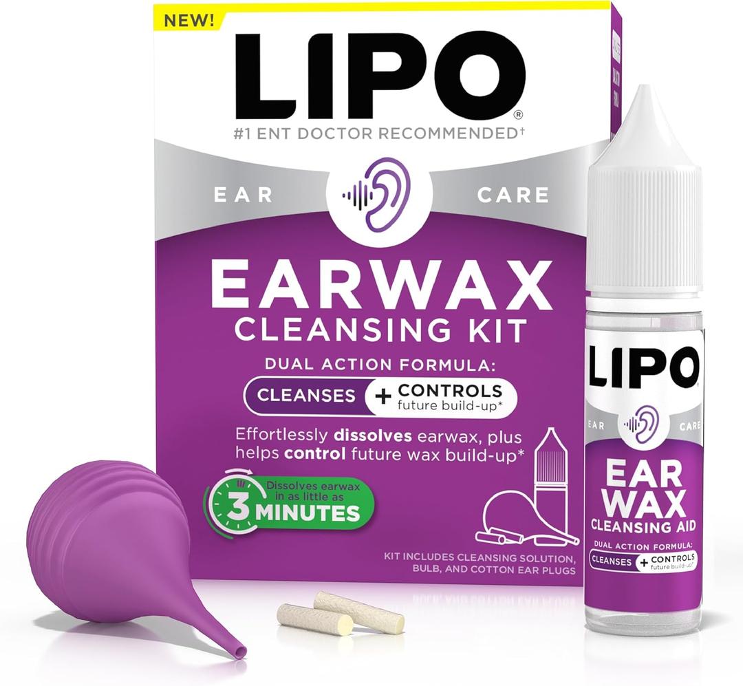 Lipo Earwax Cleansing Kit, Cleansing Ear Drops, Bulb Syringe, and Cotton Plugs, Effortlessly Dissolves Ear Wax, Easy to Use Ear Wax Removal Kit, Clinically Tested Peroxide-Free, 0.5 Fl Oz