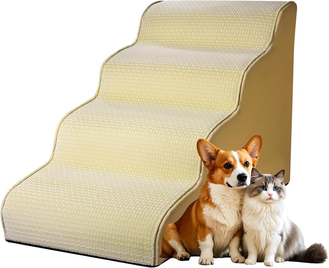 Dog Stairs for Small Dogs 19.7”H,Cowhide-Pattern Flocking Fabric,with Cushioning Support Layer,4-Step Dog Steps for High Bed,Couch,Sofa and Chair,Non-Slip Balanced Pet Ramp Indoor, Beige