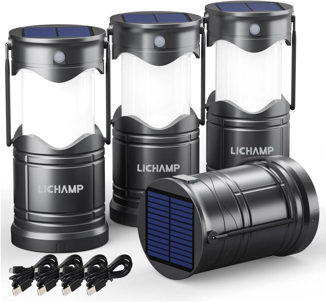 Lichamp 4-Pack Solar Camping Lantern, USB Rechargeable LED Lanterns Battery Powered Pop Up Flashlight Lamps with Three Modes Power for Power Outages Hurricane Supplies Emergency Indoor & Outdoor