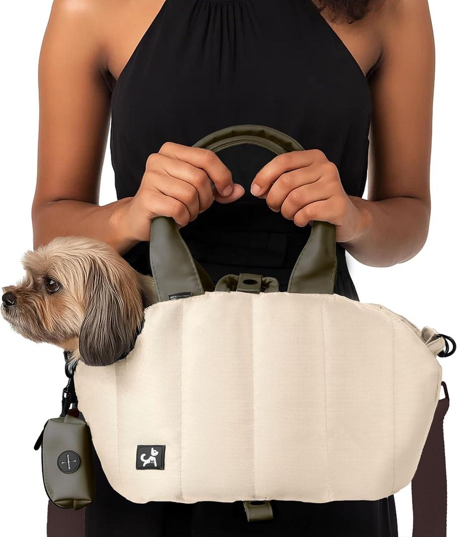 Sytopia Small Dog Carrier Purse, Portable Pet Carrier Tote Carrier with Pockets, Adjustable Safety Leash, Waterproof Dog Travel Bag, Travel Pets Purse up to 4 Lbs, Cream Beige (17.7"L x 8.7"W x 9.4"H)