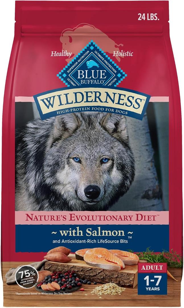 Blue Buffalo Wilderness Natural High-Protein Dry Food for Adult Dogs, with Wholesome Grains, Salmon, 24-lb. Bag, BBD 09/28/2027