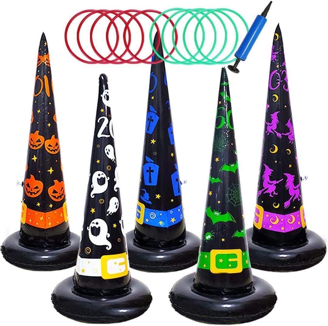 Poptrend 5PK Halloween Inflatable Witch Hat Ring Toss Game With Air Pump - Games Toys for Kids Adults, Decorations