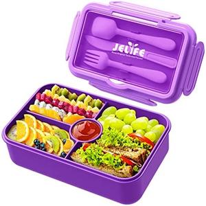 Jelife Lunch Box Kids Bento Box - Large Bento-Style Leakproof 4 Compartments Kids Lunchbox Food Containers with Utensils for Back to School, Reusable On-the-Go Meal and Snack Packing, Purple