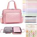 Waterproof Quilted Bible Cover with Leather Handle, Bible Study Supplies Includes 5 Black Pens, 12 Highlighters, 72 Tabs,Christian Gifts for Women(Pink)