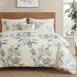 MOVE OVER 100% Cotton Duvet Cover Set Queen Size, Beige Green Botanical Floral Bedding Set with Zipper Closure & Corner Ties, Soft Breathable Vintage Flower Duvet Cover Set for All Seasons