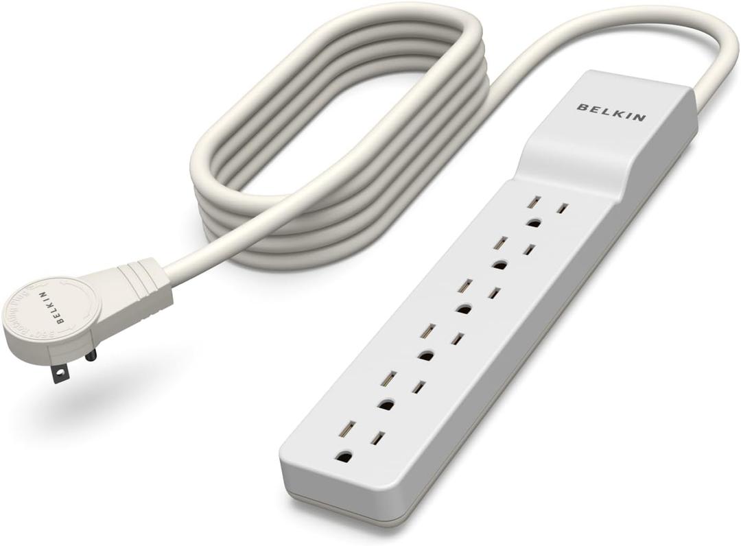Belkin Surge Protector Power Strip - 6 AC Multiple Outlets - Flat Rotating Plug, 8ft Long Heavy-Duty Extension Cord for Home, Office, Travel, Computer Desktop & Charging Brick - White (720 Joules)