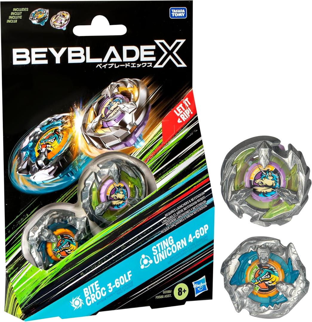 Beyblade X Bite Croc 3-60LF and Sting Unicorn 4-60P Dual Pack Set with 2 Right-Spinning Tops, Battling Top Toys for 8 Year Old Boys and Girls