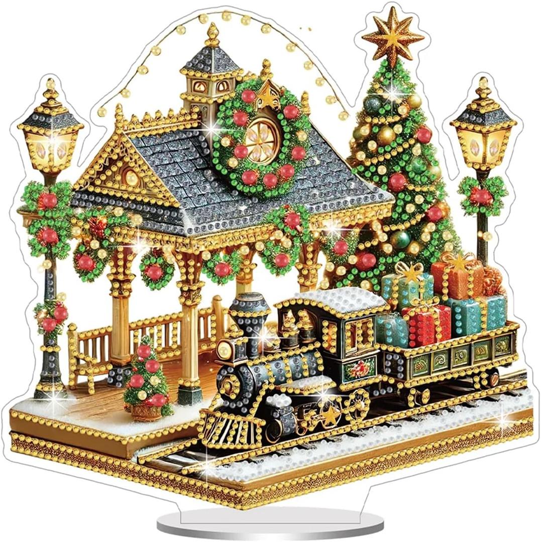 JJFox DIY Tabletop Diamond Art Painting Kit9.45x9.17inch Special Shaped Rhinestone Desk Placement OrnamentHome Stand Up Gem Painting Craft Kit(Christmas Railway Station-1)