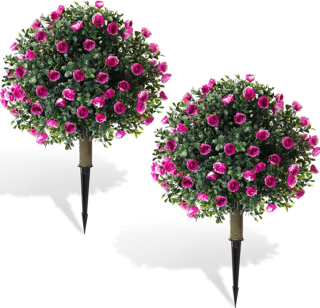 Yunlly 2 Set Artificial Rose Boxwood Topiary Ball Trees with Ground Spike, UV Resistant Artificial Shrubs Fake Evergreen Faux Plant Brush for Outdoor Indoor Front Porch Garden (Light Purple,18x10inch)
