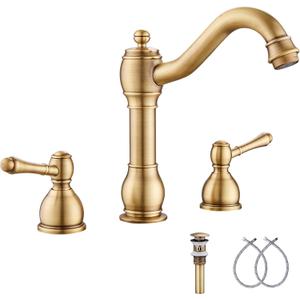 2 Handles 3 Holes Faucet Widespread Bathroom Sink Faucet Basin Tap Mixer Supply Hose Included Matching Pop Up Drain Antique Brass