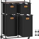 VASAGLE Laundry Sorter, Laundry Hamper with Wheels, 39.6 Gal. (150 L) Portable Rolling Cart Baskets with Shelf, 4 Removable Liners and 6 Labels, Ink Black and Chestnut Brown URLS100B01