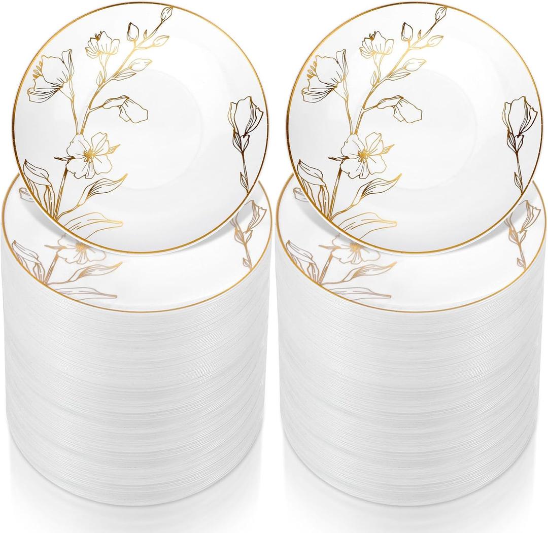 Mifoci 150 Pcs 7.5 Inch White and Gold Plastic Plates with Gold Rim Floral Design, Elegant Heavyweight Disposable Plates for Wedding Party Birthday Bridal Shower