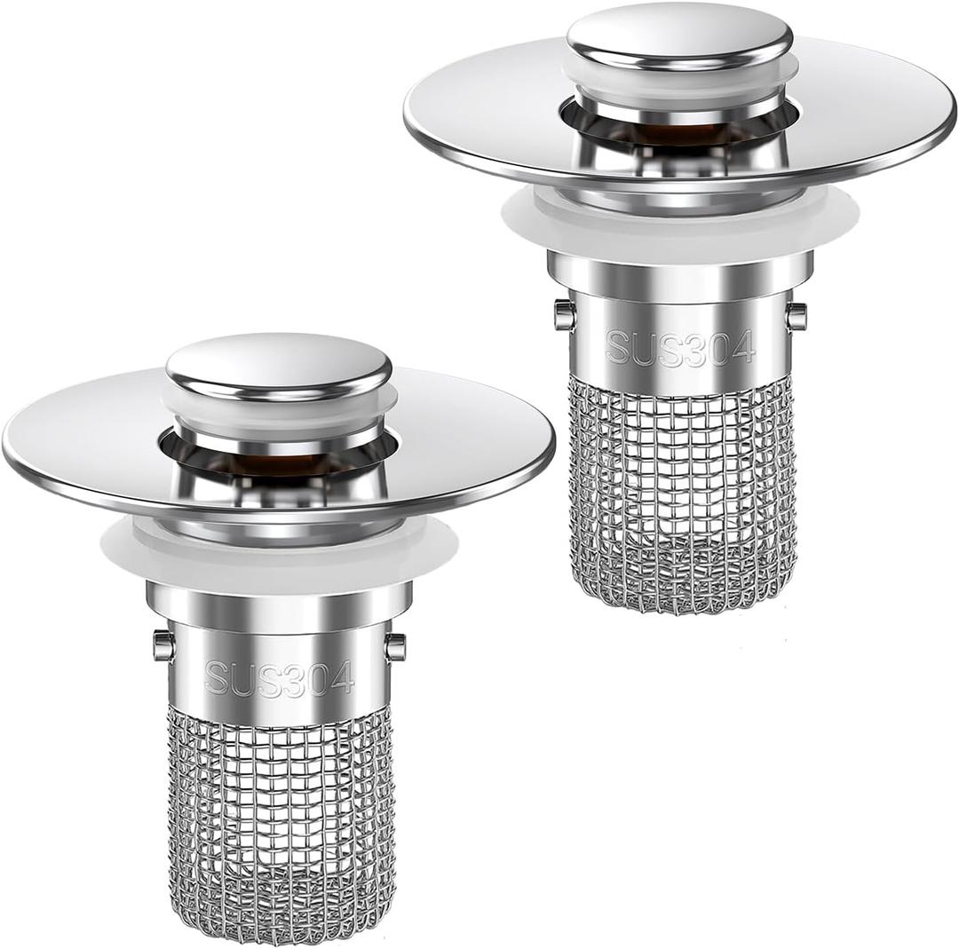 Sink Stopper Hair Catcher, (2PCS) Pop-up Sink Drain Strainer with Removable Stainless Steel Strainer Basket Hair Catcher, Bathroom Sink Strainer for Bathroom Sink Stopper Replacement