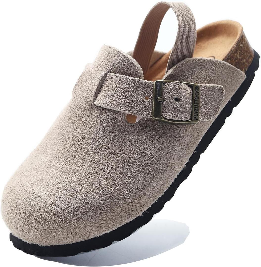 Boys Girls Suede Clogs Unisex Toddler Slip-on Slippers Kids Outdoor Indoor Flat Shoes Classic Cork Adjustable Buckle Mules Cute Sandals (4-5 Toddler, Beige)