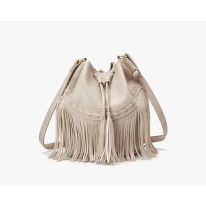 Leather Bucket Bags for Women Crossbody Fringe Purses with Drawstring Ladies Tassel Hobo and Shoulder Handbags Beige