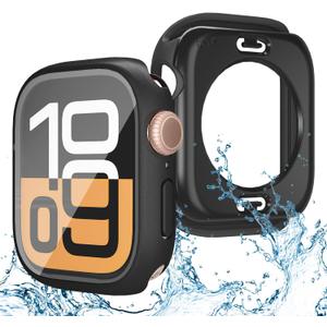 3 in 1 Waterproof Case for Apple Watch Screen Protector 46mm Series 10/Series 11,with Tempered Glass,[360 Protective Front and Back] PC Bumper Face Cover Compatible iWatch Accessories (Matte Black)