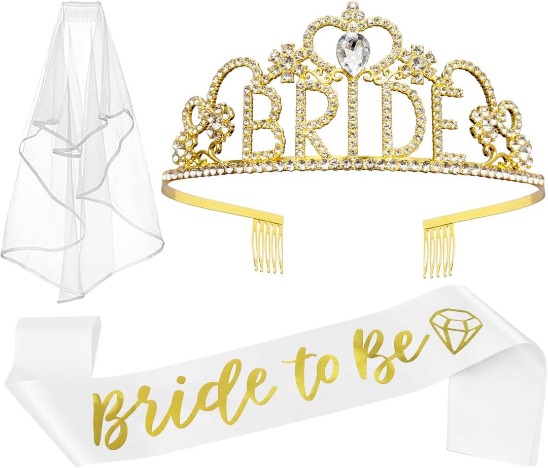 JETKONG 3 Pcs Bachelorette Party Decorations BRIDE Crown, Bride to Be Sash&Veil for Women Bachelorette Party Gifts, Bridal Shower Supplies, Gifts, Favors (Gold)