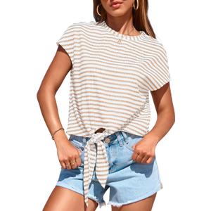 PRETTYGARDEN Womens Tops 2025 Cute Summer Cap Sleeve Crewneck Tie Knot Striped Shirts Casual Loose Blouses Knit Crop Top (Medium, Stripes White and Apricot)