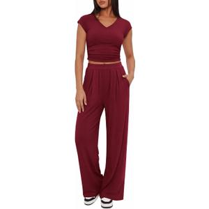 BTFBM Womens 2 Piece Outfits Spring 2026 V Neck Cap Sleeve Ruched Top Wide Leg Pants Sets Rib Knit Lounge Matching Set (Red, XL)