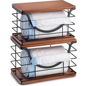 Extra Large Trash Bag Holder Stackable Kitchen Storage, 2 Pack Wall Mounted Pantry Organizers and Storage with Bamboo Top, Garbage Bag Dispenser Under Sink for Laundry Room and Kitchen