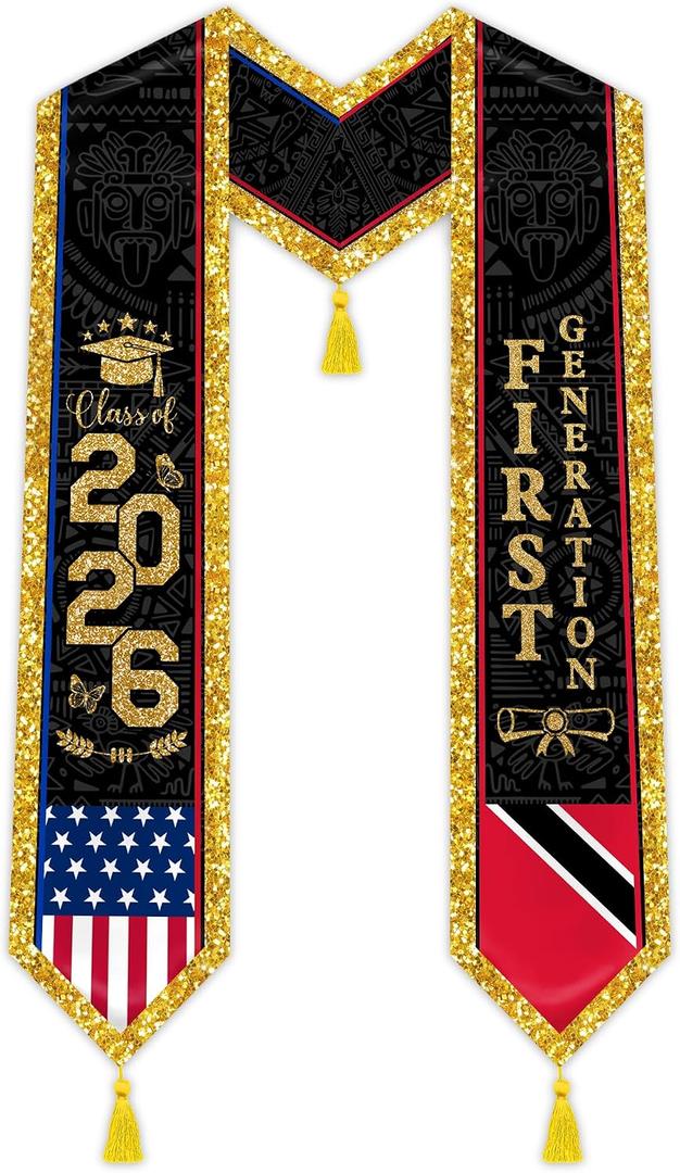 Graduation Stole Class of 2026 with Gold Glitter Trim, First Generation Sash for Unisex Adult 75" Long