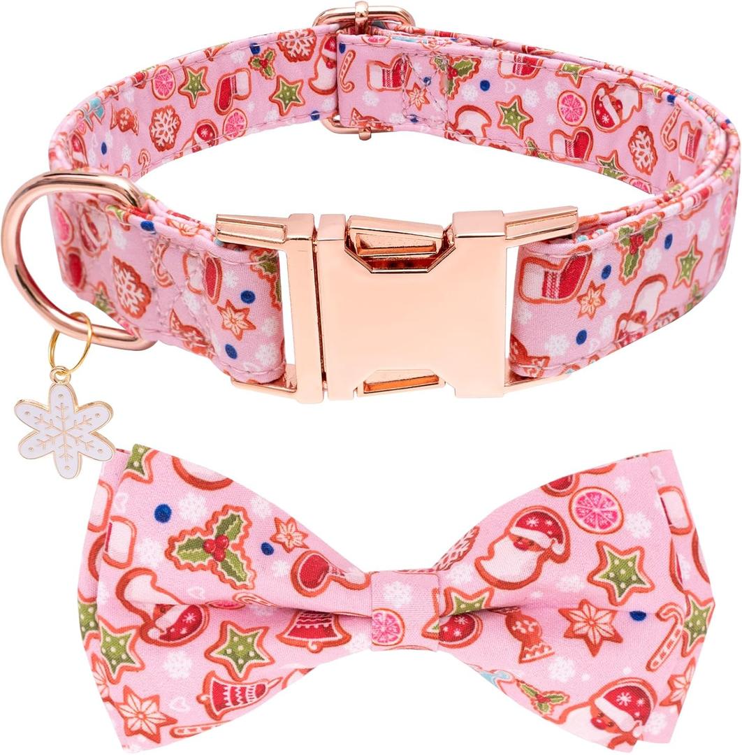 Faygarsle Pink Dog Collar Christmas Design with Bow Metal Buckle Santa Claus Snowflake Candy Pattern for Small Medium Large Dogs Bowtie Fancy Collar Cute Stylish Girl Christmas Dog Collar L