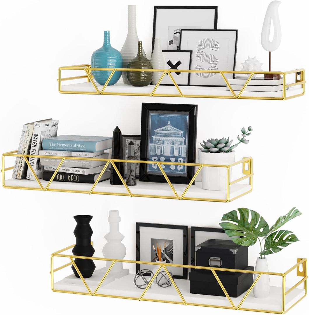 Amaoot Floating Shelves Set of 3, Home Wood Wall Shelf, Farmhouse Shelf for Bedroom, Wall Mounted Floating Shelf for Living Room, Bedroom, Bathroom, Kitchen, Office (Gold), 15.74 X 2.75 X 5.11 Inches