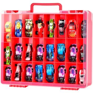 FULLCASE Toys Organizer Storage Compatible with Hot Wheels Car, Container for Matchbox Cars, Mini Toy, Small Dolls, Double Sided Carrying Box for Hotwheels - 48 Compartments (Case Only) Red